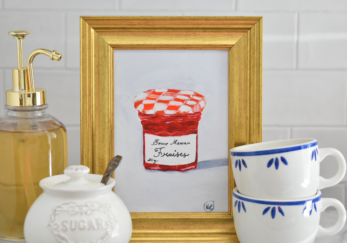 Bonne Maman Jam Painting - 5x7 Painting - Jam Jar  - French Kitchen Decor - Strawberry Jam - Grandmillennial Art Decor - Kitchen Painting