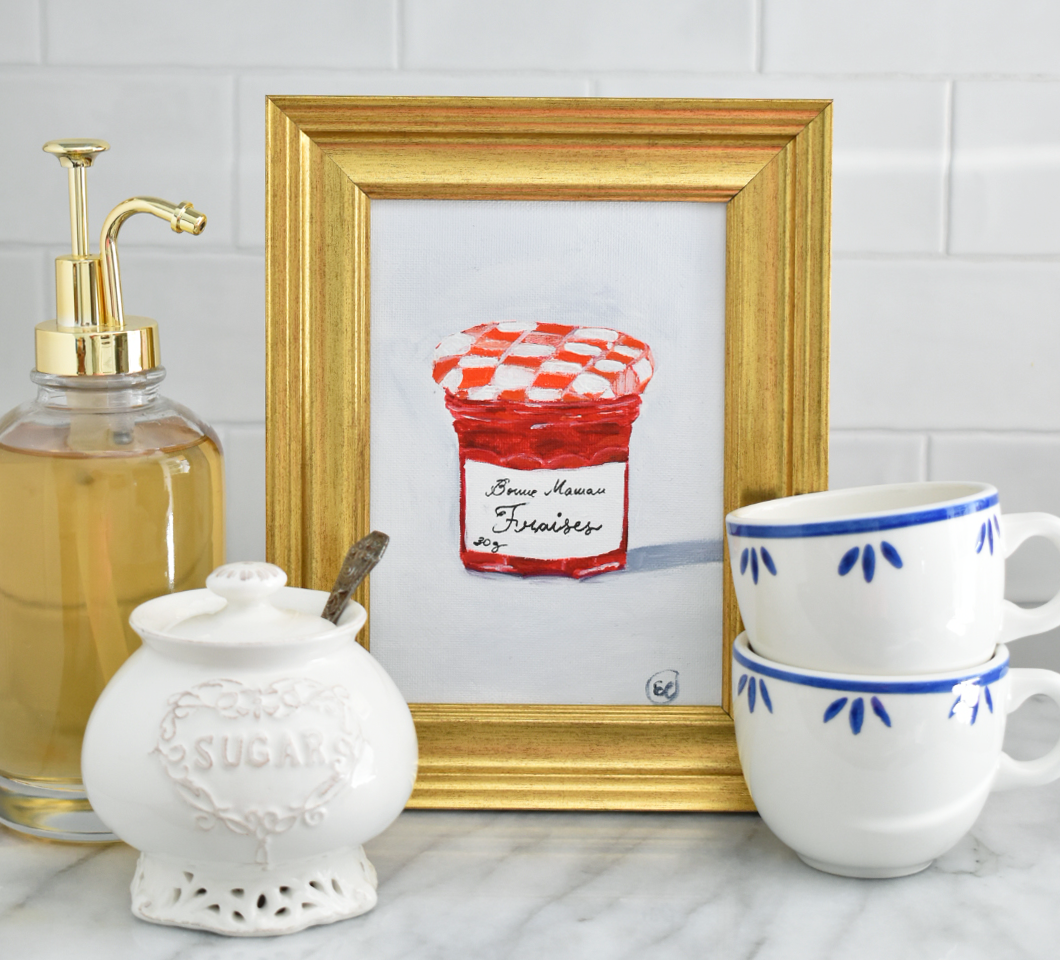 Bonne Maman Jam Painting - 5x7 Painting - Jam Jar  - French Kitchen Decor - Strawberry Jam - Grandmillennial Art Decor - Kitchen Painting