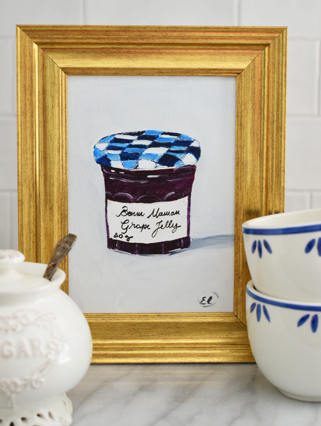 Bonne Maman Jam Jar Painting - 5x7 Artwork  - French Kitchen Decor - Grape Jelly Jar - Grandmillennial Art Decor - Kitchen Painting