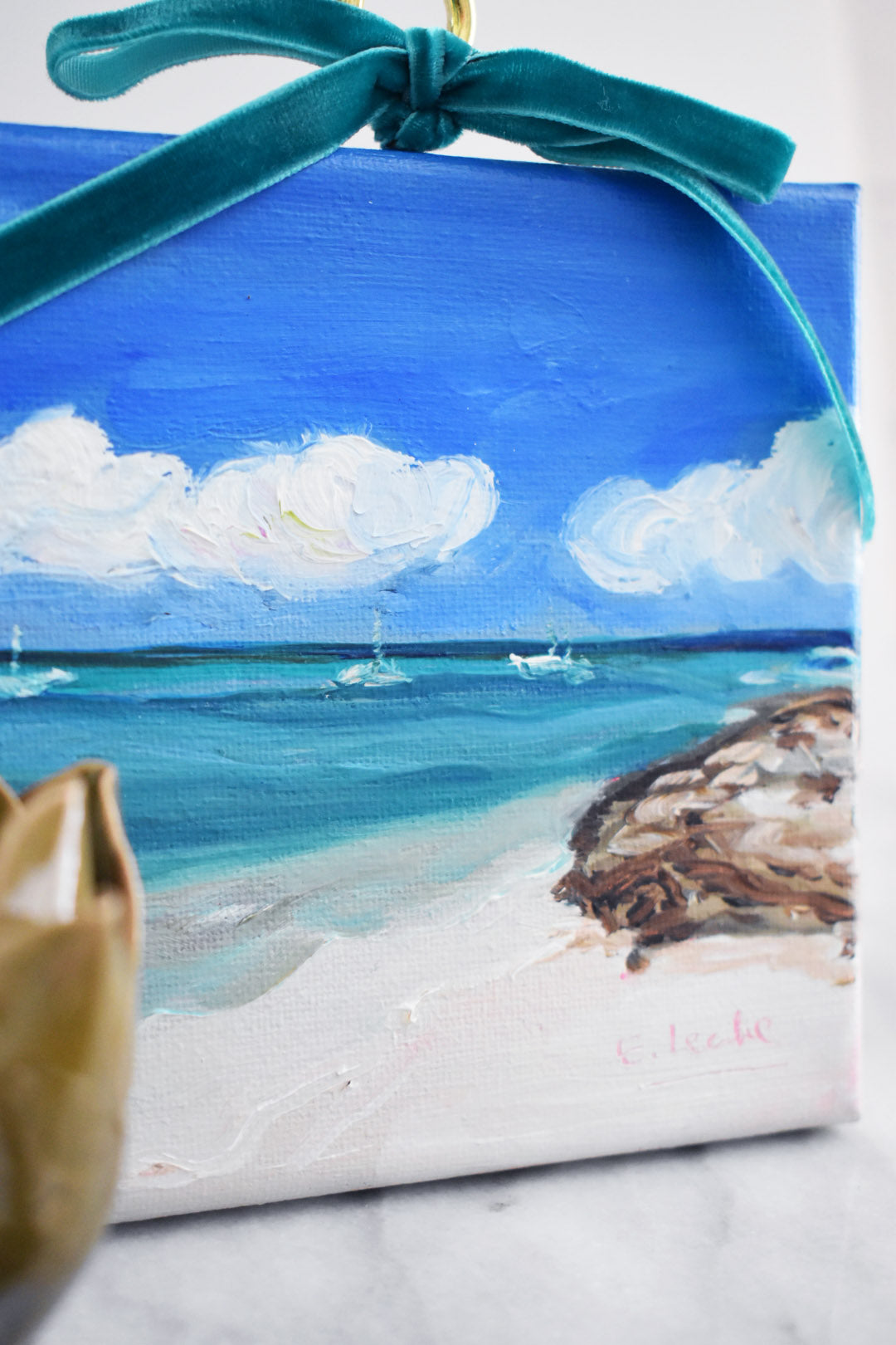 Oil Beach Painting – Aruba Turquoise Water, 5x5 Mini Coastal Wall Art