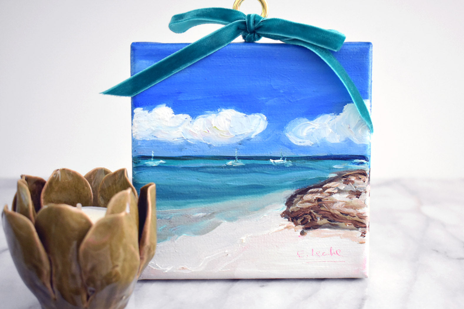 Oil Beach Painting – Aruba Turquoise Water, 5x5 Mini Coastal Wall Art