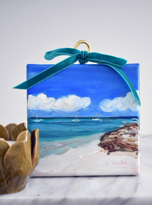 Oil Beach Painting – Aruba Turquoise Water, 5x5 Mini Coastal Wall Art