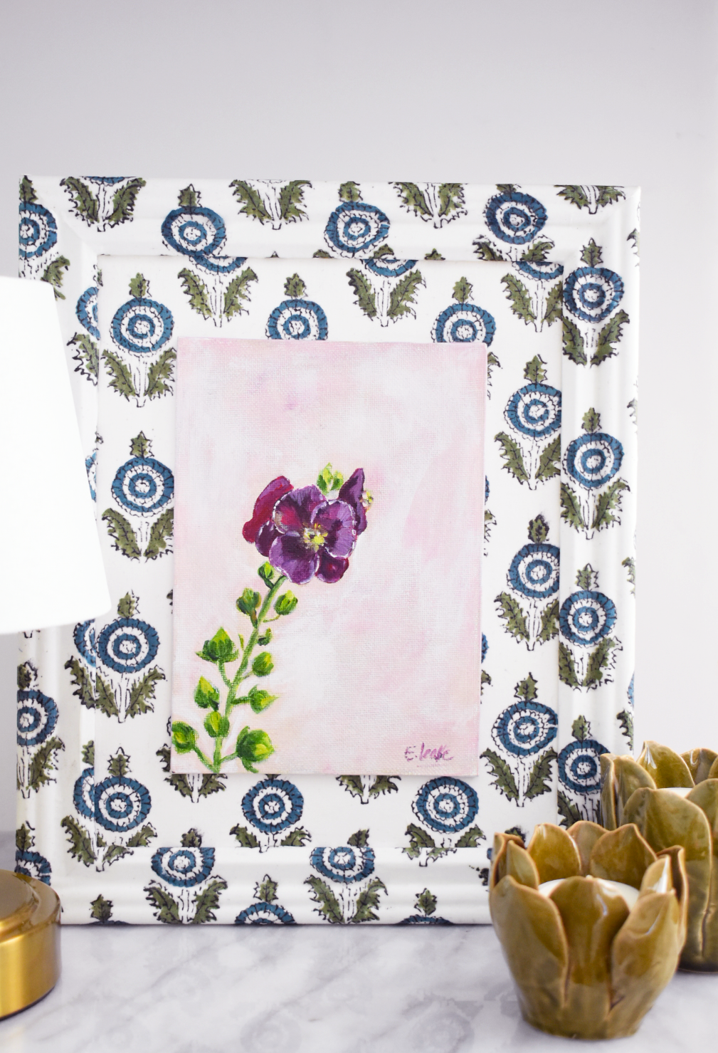 Cute Artwork - Original Hollyhock Painting – 5×7 Acrylic on Block Print Fabric – 8×10 Framed Cottagecore Wall Art – Floral Botanical Decor