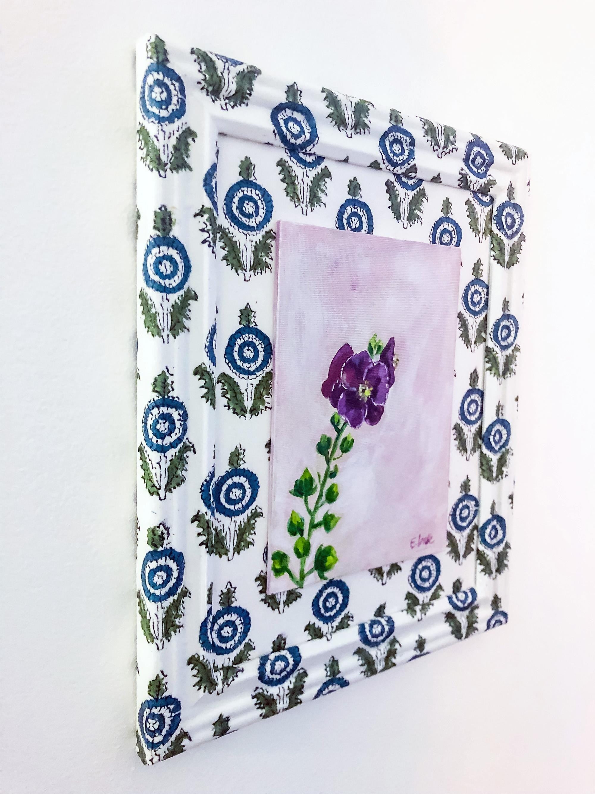 Cute Artwork - Original Hollyhock Painting – 5×7 Acrylic on Block Print Fabric – 8×10 Framed Cottagecore Wall Art – Floral Botanical Decor