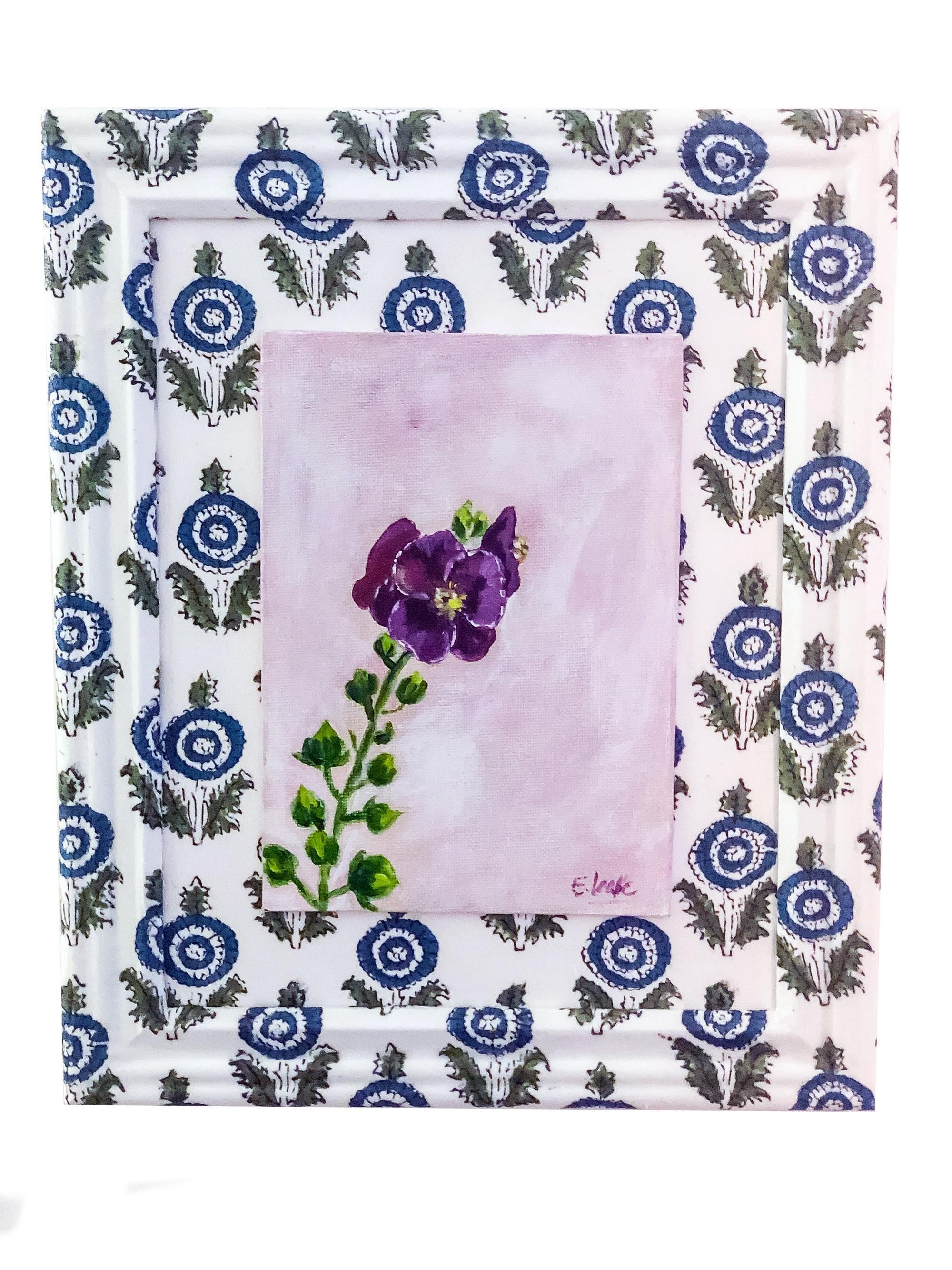 Cute Artwork - Original Hollyhock Painting – 5×7 Acrylic on Block Print Fabric – 8×10 Framed Cottagecore Wall Art – Floral Botanical Decor