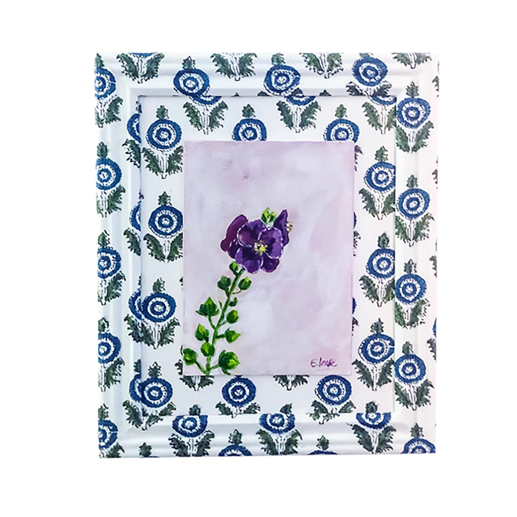 Cute Artwork - Original Hollyhock Painting – 5×7 Acrylic on Block Print Fabric – 8×10 Framed Cottagecore Wall Art – Floral Botanical Decor