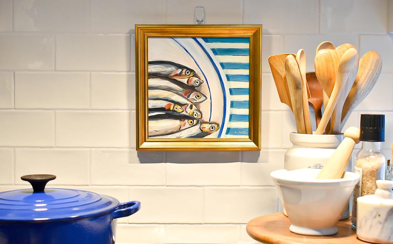 Sardines Original Oil Painting 8x8 Painting Sardines Fish Artwork Kitchen Decor Restaurant Decor Anchovy Art Decor Coastal Decor Beach Decor