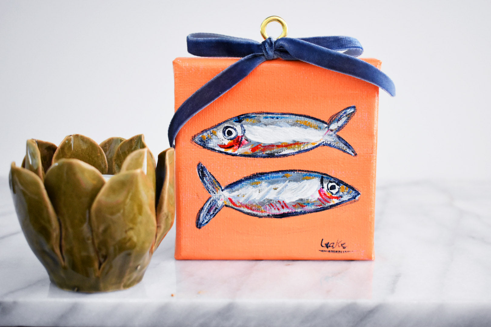 Little Sardines with a Velvet Bow– Mini 4x4 Acrylic Painting • Coastal Chic Kitchen Art