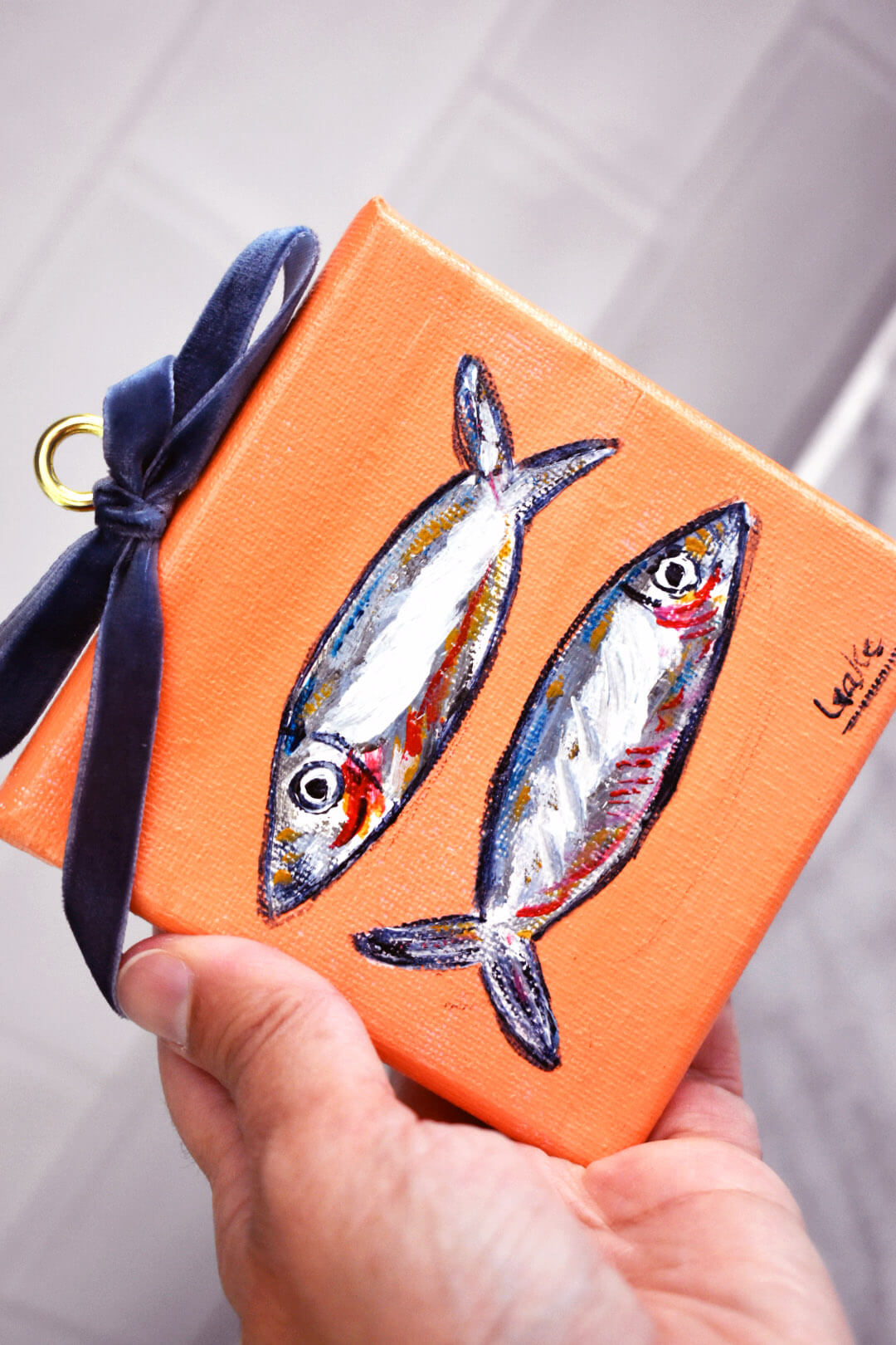 Little Sardines with a Velvet Bow– Mini 4x4 Acrylic Painting