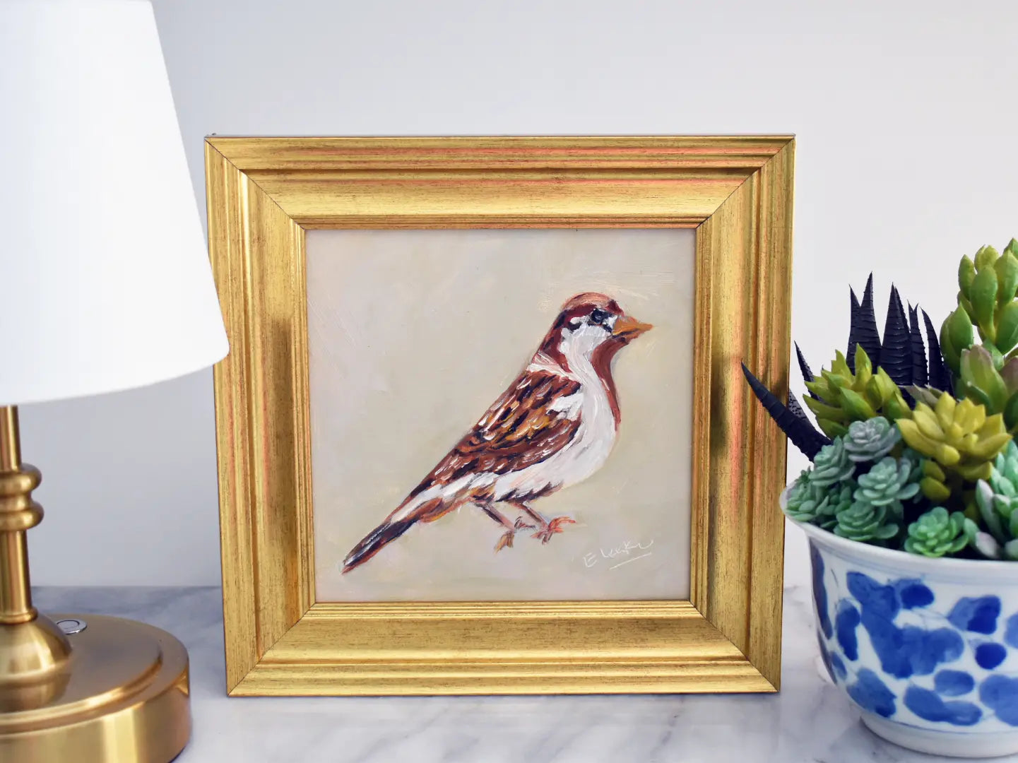 Original Sparrow Oil Painting on Linen Panel – 6x6 Small Bird Art in Gold Frame