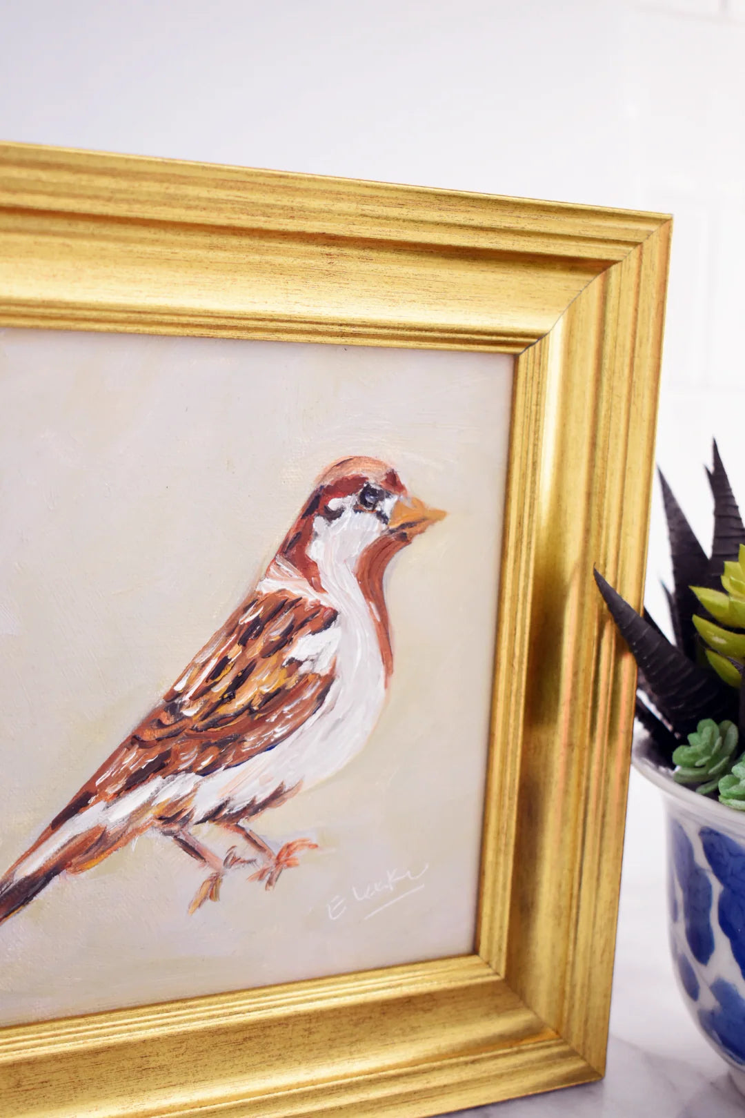 Original Sparrow Oil Painting on Linen Panel – 6x6 Small Bird Art in Gold Frame