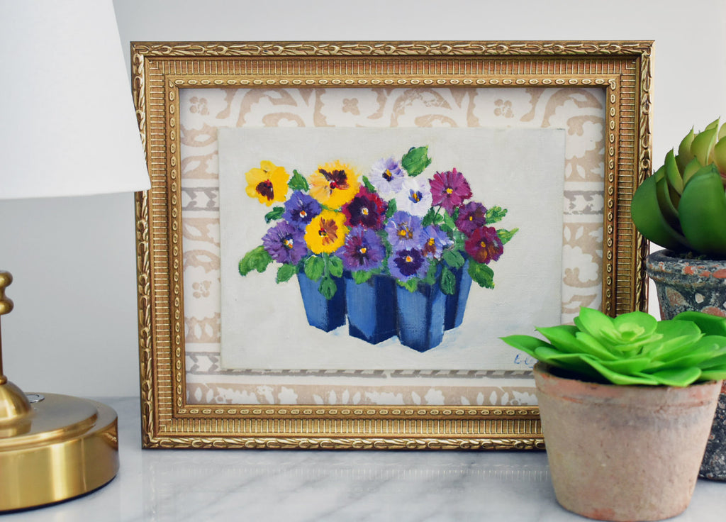 Pansies Acrylic Painting in Gold Frame: Spring Floral Art