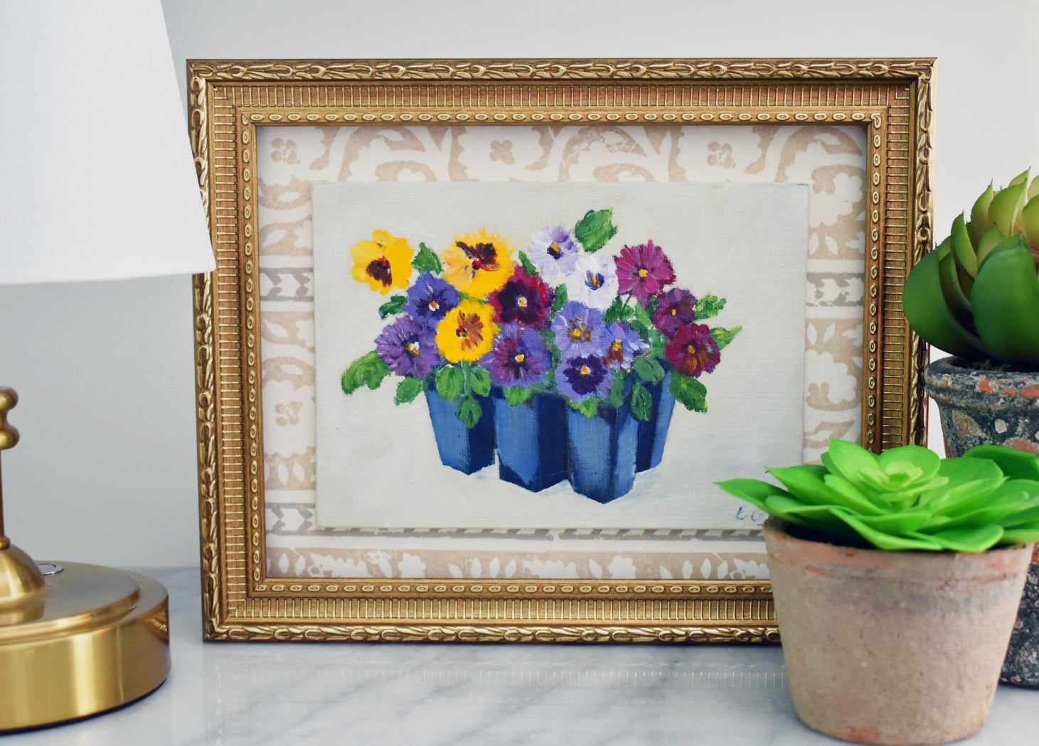 Pansies Acrylic Painting in Gold Frame: Spring Floral Art