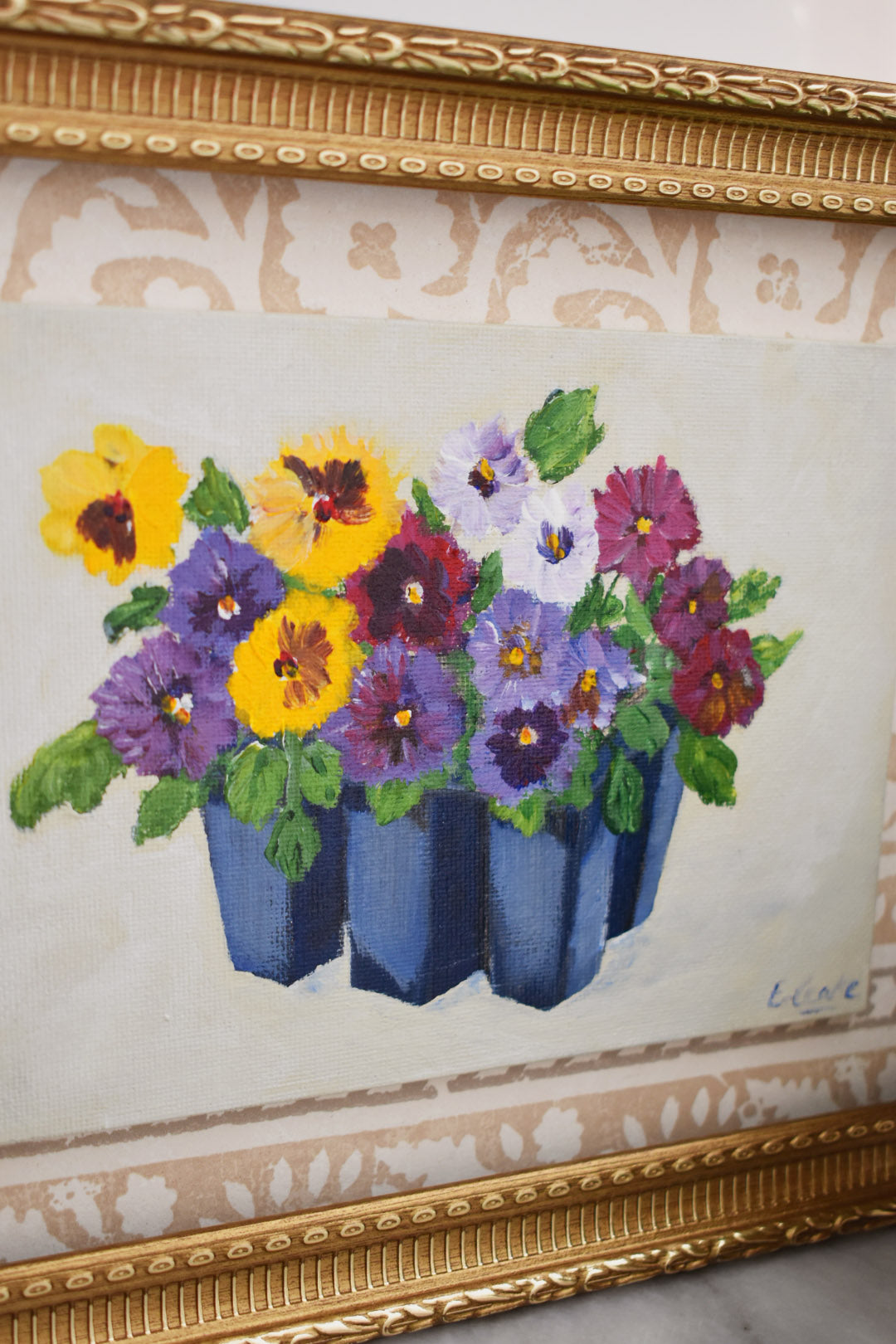 Pansies Acrylic Painting in Gold Frame: Spring Floral Art
