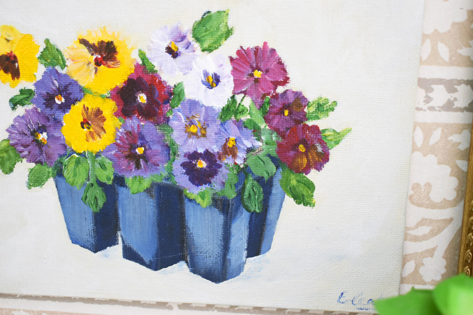 Pansies Acrylic Painting in Gold Frame: Spring Floral Art